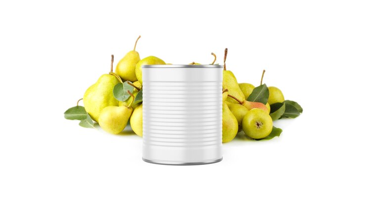 Foto pear jam food tin can mockup template isolado de fundo