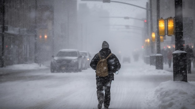 Un peatón camina a través de una tormenta de nieve.