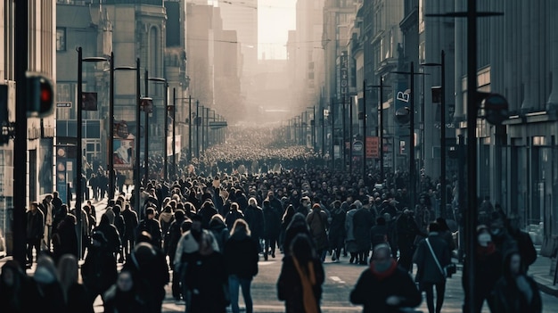 Peatones anónimos de IA generativa en una calle de la ciudad