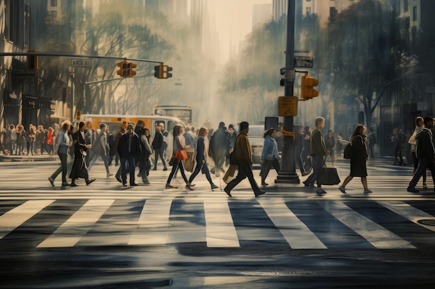 Peatones cruzando la calle en la ciudad en hora pico Personas cruzando la calle Generado por IA
