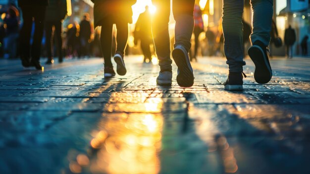 Foto los peatones con siluetas caminando por la calle de la ciudad al anochecer