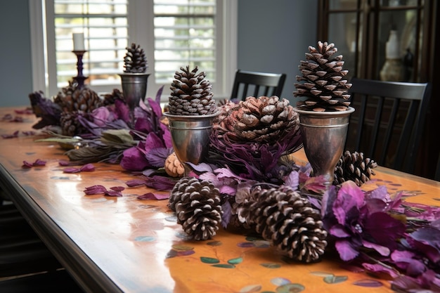 Peça central de pinhas pintadas em uma mesa de jantar