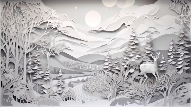 Peça de arte de corte de papel de natal tradicional com uma paisagem de neve Generative AI