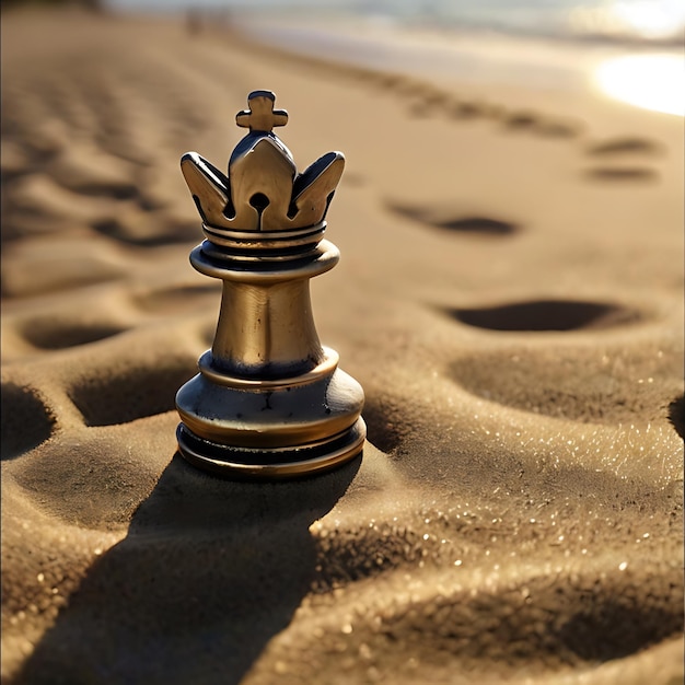 peça de rainha de xadrez em praia de areia gerada por IA