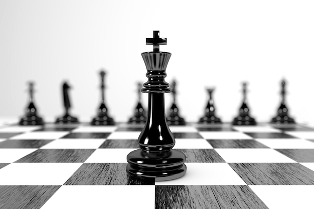 Peça de xadrez preta King Blur diferentes peças de xadrez em segundo plano renderização em 3D