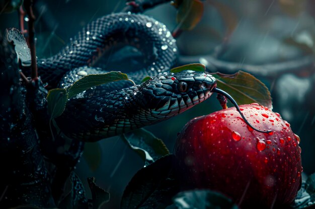 Foto el pecado original una serpiente enrollada en una manzana junto a una tentadora manzana roja una representación simbólica de la tentación y la traición