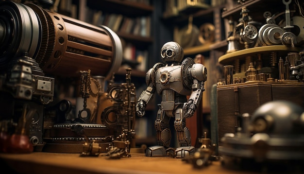 Peças de espécime de robô em um armário de curiosidades do século 16