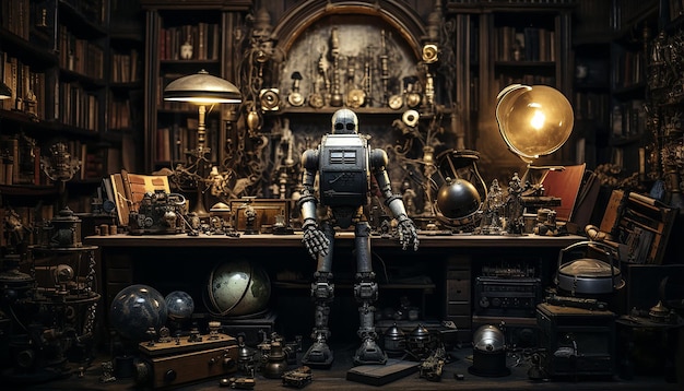 Peças de espécime de robô em um armário de curiosidades do século 16