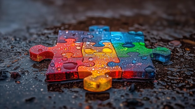 Peças de quebra-cabeça coloridas em asfalto molhado