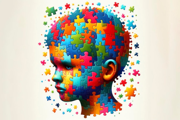 Peças de quebra-cabeça coloridas se unindo para formar a cabeça de uma criança em um fundo branco