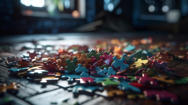 Peças de quebra-cabeça de cores diferentes em uma mesa de madeira ai generativa