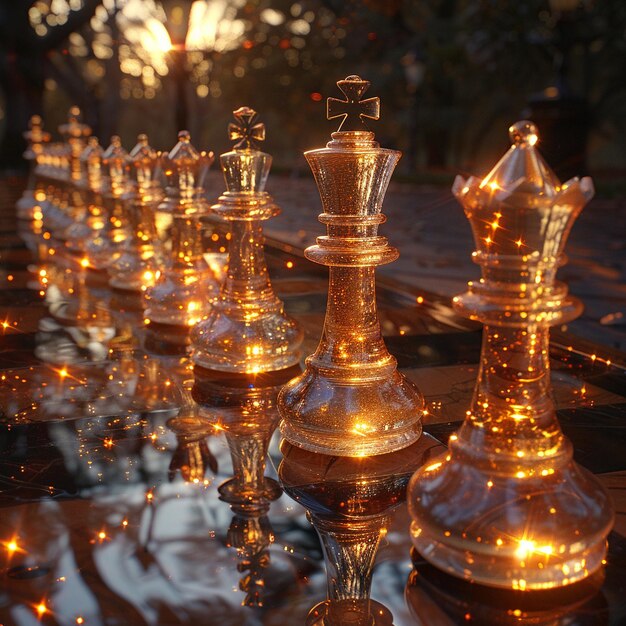 Peças de xadrez brilhantes à espera do próximo movimento estratégico as formas se desfocam no tabuleiro