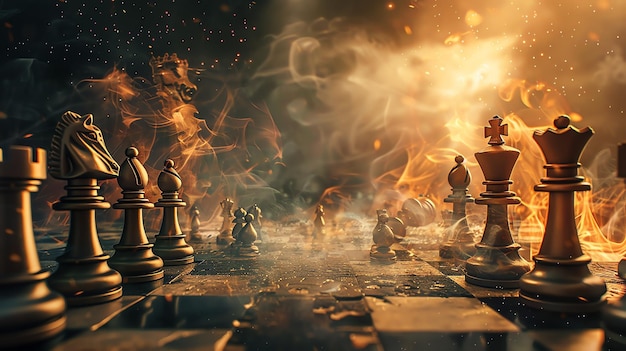 Peças de xadrez dramáticas em chamas com um fundo escuro e luz brilhante O conceito de estratégia, competição e risco