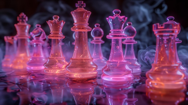 Peças de xadrez em um tabuleiro de xadrez sobre um fundo escuro com bokeh de fumaça em cores neon rosa-azul