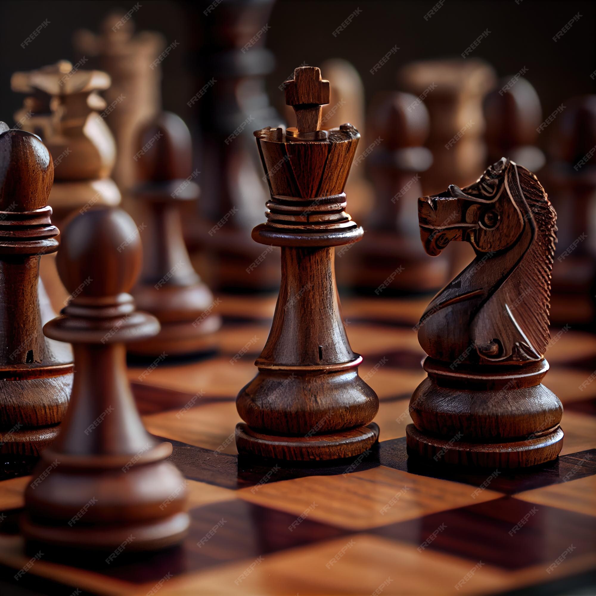 Peças de xadrez de madeira em um tabuleiro de xadrez, o rei branco  encontra-se diante das peças pretas, o conceito de estratégia, planejamento  e tomada de decisão