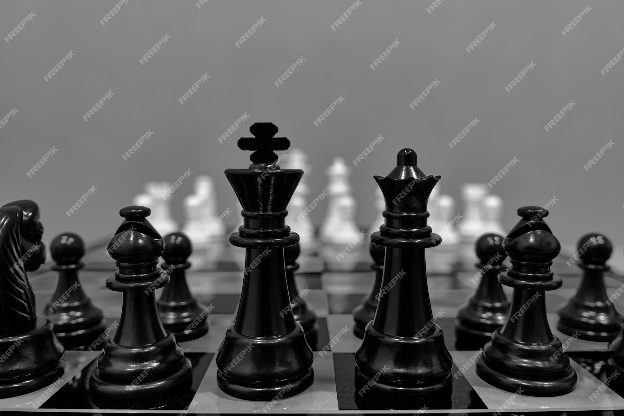Peças de xadrez do rei e da rainha em pé em igual quantidade de dinheiro