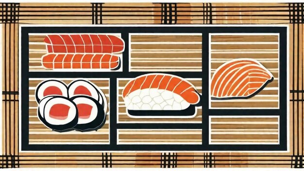 Peças variadas de sushi fresco em um tapete de bambu