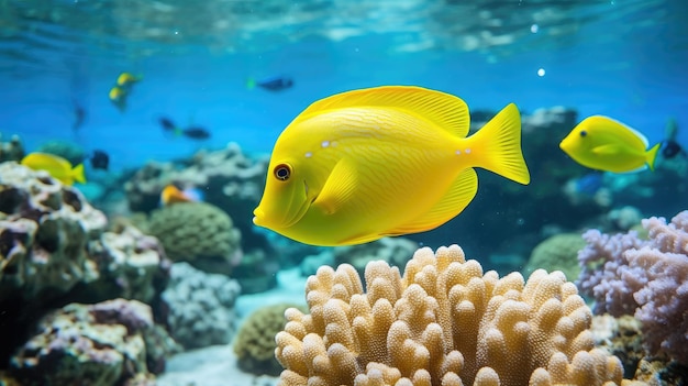 Peces amarillos en el arrecife de coral