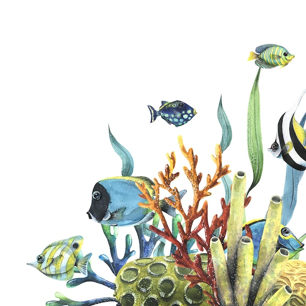 Peces de arrecife brillantes con corales, esponjas marinas y algas Ilustración en acuarela Plantilla de la colección PECES TROPICALES Para decoración y diseño de pegatinas con estampados de verano y playa