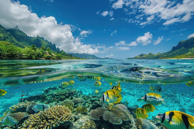 Peces en un arrecife de coral en una laguna tropical de la Polinesia Francesa