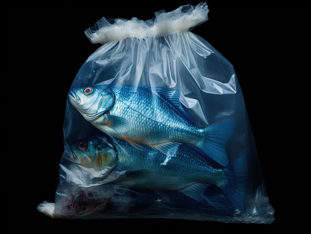 Foto peces atrapados en la contaminación de bolsas de plástico y bolsas de plástico en el océano ai generado