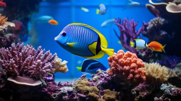 Peces azules y amarillos en el acuario