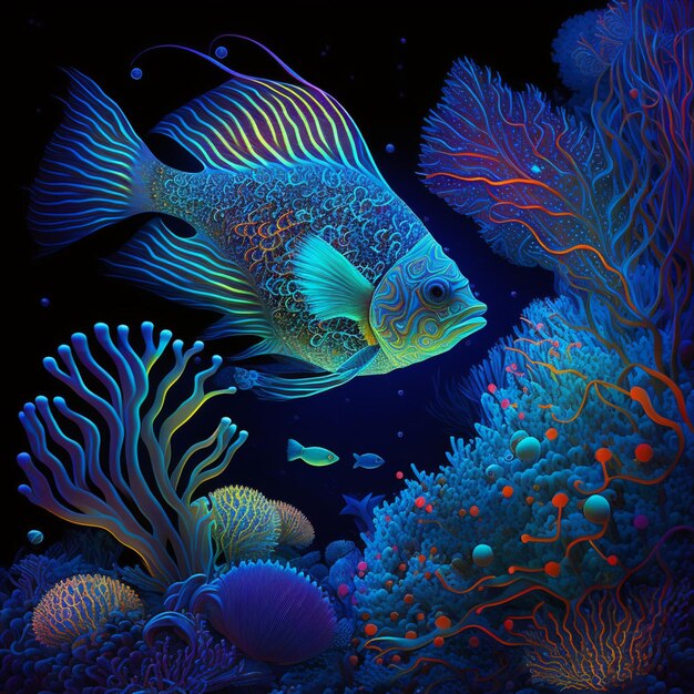 Foto peces de colores brillantes en un mar oscuro con corales y esponjas generativo ai