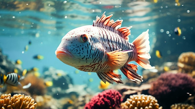 Peces de colores nadan con gracia en el mundo submarino azul claro