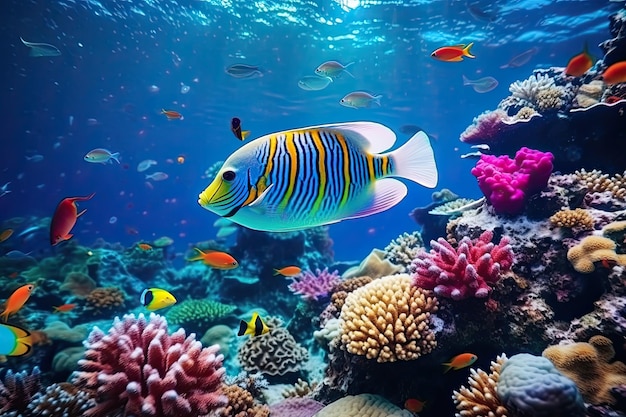 Peces coloridos nadando en el arrecife de coral submarino
