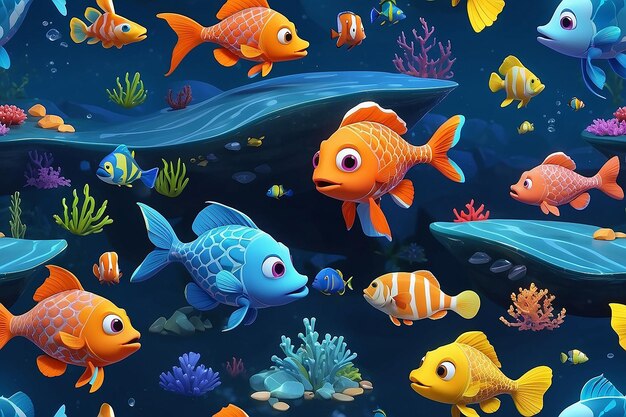 Peces de dibujos animados en 3D bajo el agua