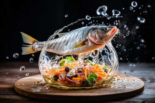 Los peces dorados antigravedad vuelan sobre el plato con salpicaduras de agua sobre fondo negro Ilustración moderna