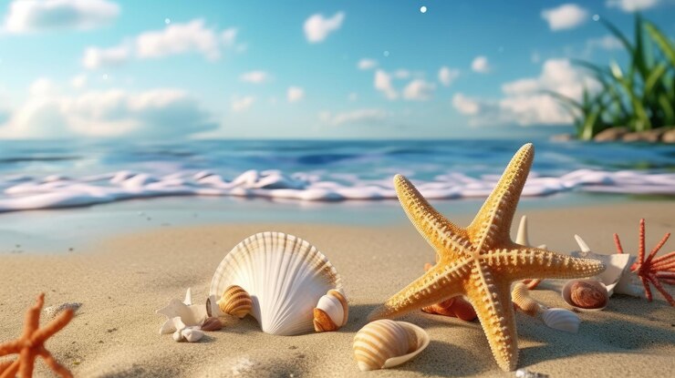 Peces estrella y conchas de mar en la playa de verano en el mar