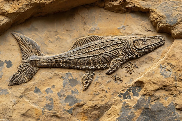 Peces fosilizados en la roca en el museo de petroglifos prehistóricos