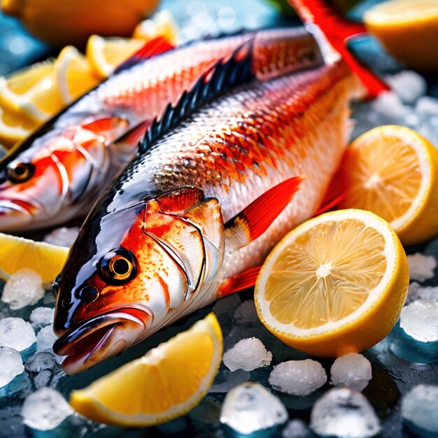 Foto peces frescos en hielo con cuñas de limón mariscos para la venta fríos para la frescura