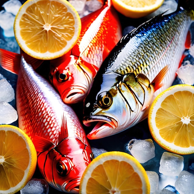 Foto peces frescos en hielo con cuñas de limón mariscos para la venta fríos para la frescura