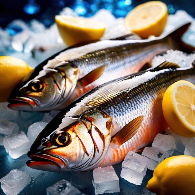 Foto peces frescos en hielo con cuñas de limón mariscos para la venta fríos para la frescura