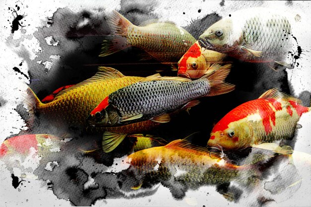 Peces Koi Carp nadando en el estanque. ilustración acuarela de pescado