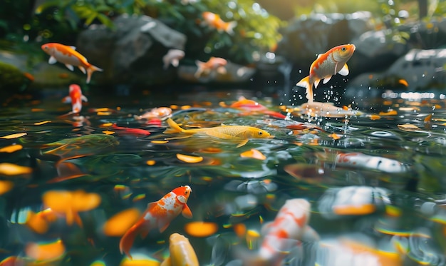 Los peces koi se deslizan pintando el agua con una elegancia vibrante.