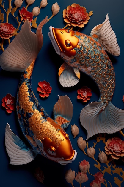 Peces koi dorados y azules rodeados de flores generativas ai