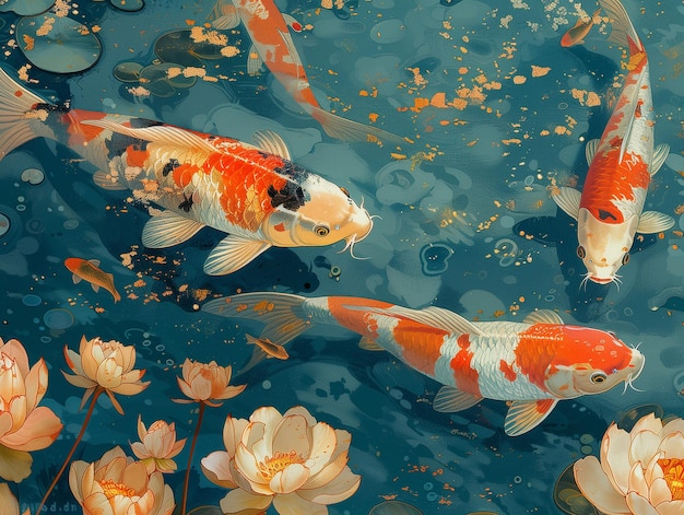 Peces koi con koi naranja y blanco nadando en el agua