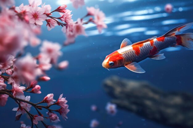 Peces koi nadando en un estanque bajo un cerezo en flor en primavera Flores de cerezo aterrizan en un lago Ilustración generativa de IA