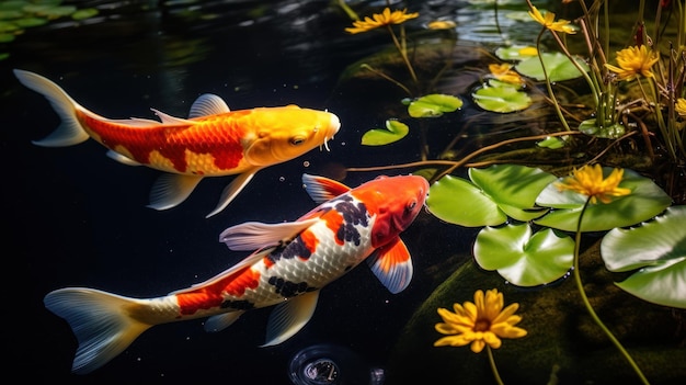 Los peces koi navegan con gracia en un tranquilo estanque del jardín