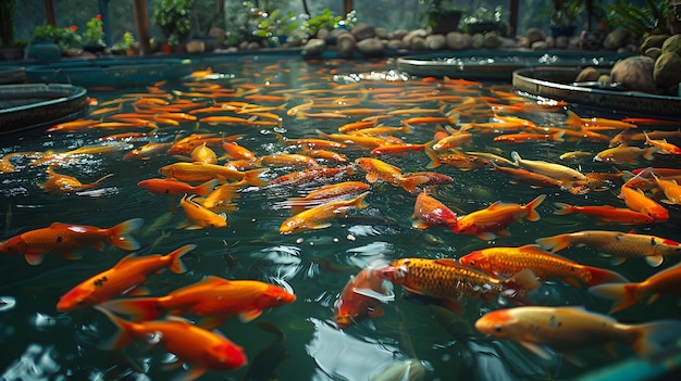 Peces koi vibrantes en un tranquilo estanque al aire libre de una granja de peces