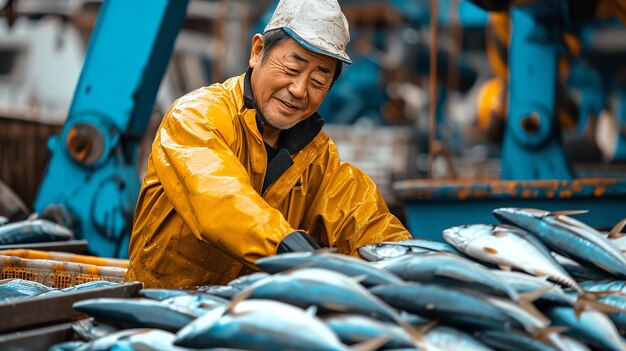 Foto los peces de mar están enlazados en lo alto de las cajas azules por los trabajadores en un espacio de mercado de peces de mar ia generativa