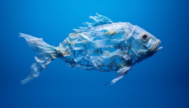 Peces en el mar hechos de plástico y basura