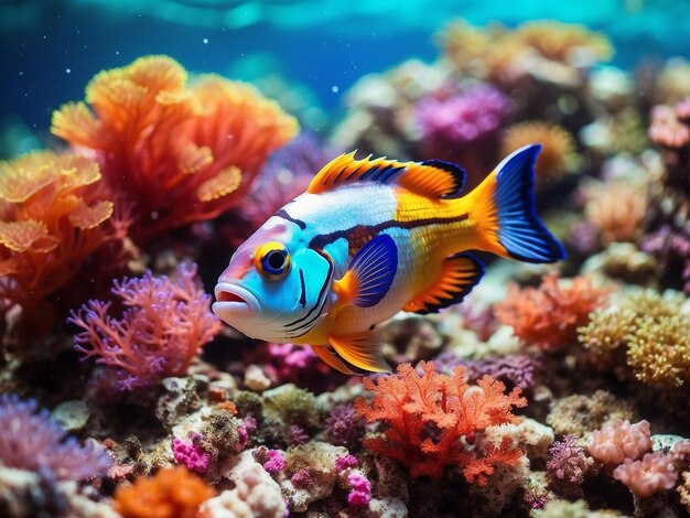 Peces multicolores de coral marino nadando en un vibrante arrecife de coral generativo ai