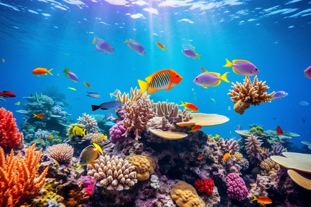 Los peces multicolores nadan en el paraíso de los arrecifes tropicales generado por ai