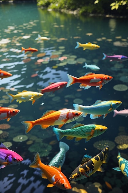Unos peces muy hermosos y coloridos están nadando en el agua clara generada por AI