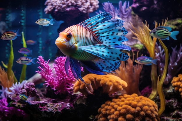 Peces nadando en el agua Un momento submarino sereno de la vida acuática Peces tropicales exhibidos en un acuario que proporcionan una visión del mundo submarino AI generado