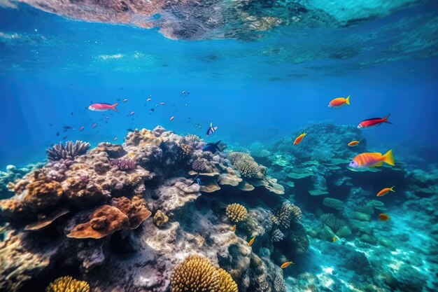 Peces nadando en arrecifes de coral bajo el mar azul profundo y una vista increíble del submarino